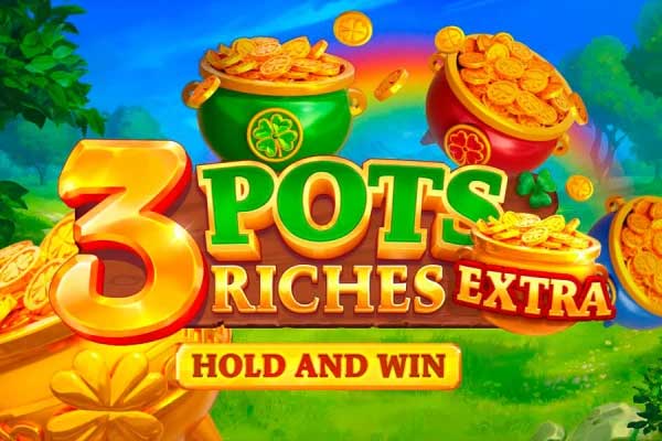 Imagem de três potes de ouro brilhando sob um arco-íris no jogo 3 Pots Riches Extra.