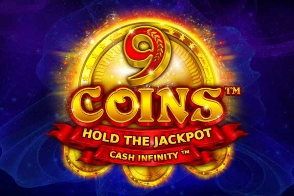 Ilustração de moedas brilhantes e o logotipo do jackpot no jogo 9 Coins: Hold the Jackpot Cash Infinity.