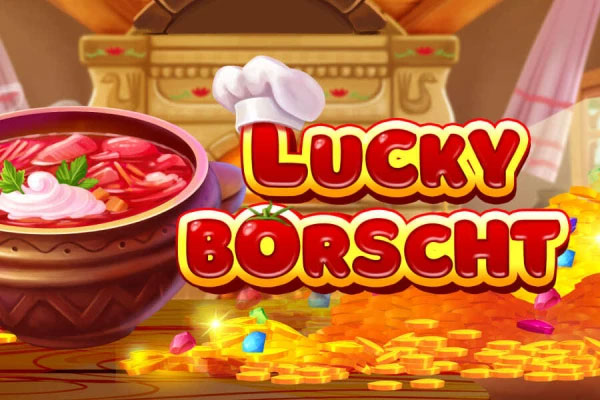 Imagem divertida de uma tigela de borscht com elementos de sorte no jogo Lucky Borscht.