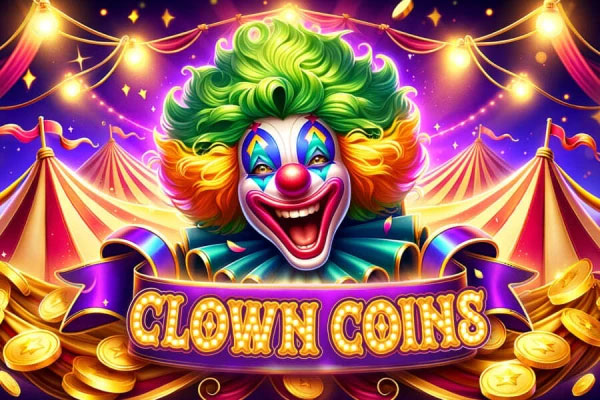 Imagem colorida de palhaços brincalhões e moedas brilhantes no jogo Clowns Coins.