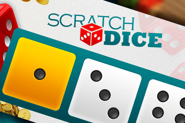 Gráfico de dados coloridos e brilhantes sendo raspados no jogo Scratch Dice.